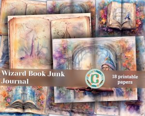 Watercolor Illustration of Wizard Book - Junk Journal Background, Enchanted Book Printable, Digital Junk Journal, Journal Paper