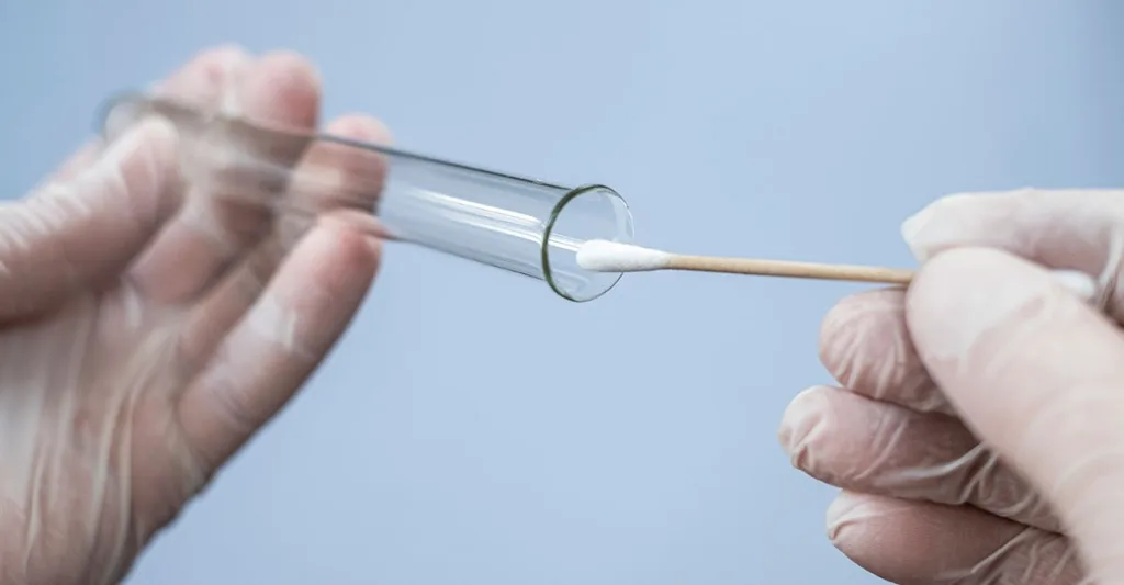 Forensic nurse uses swab to collect evidence