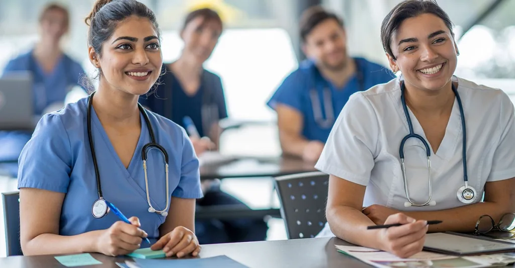 Several nursing students sit at desks in a classroom smiling at the instructor as they learn about nursing