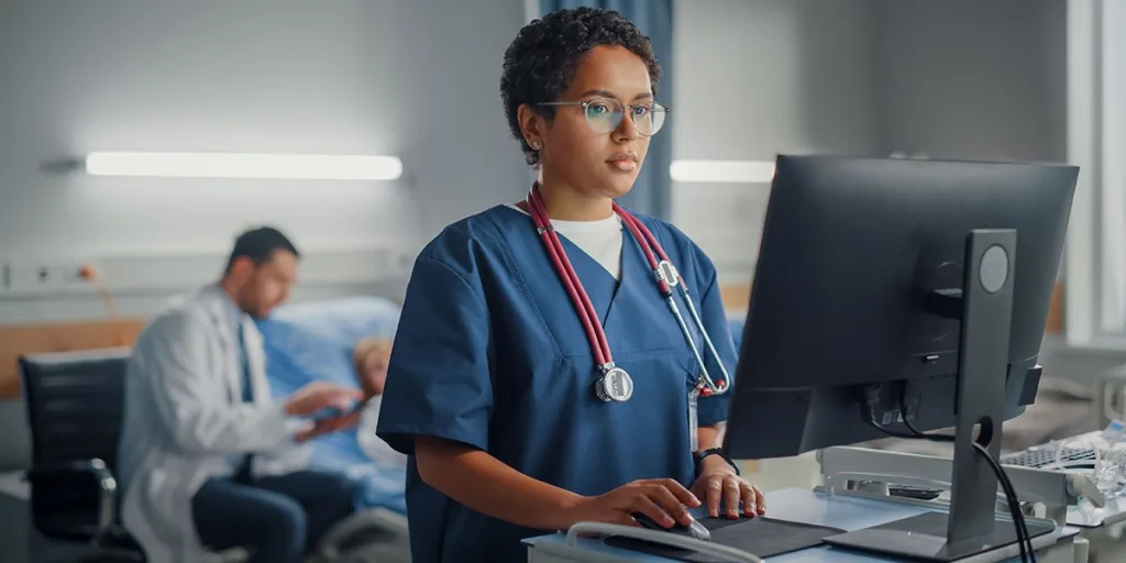 Female nurse using AI in nursing