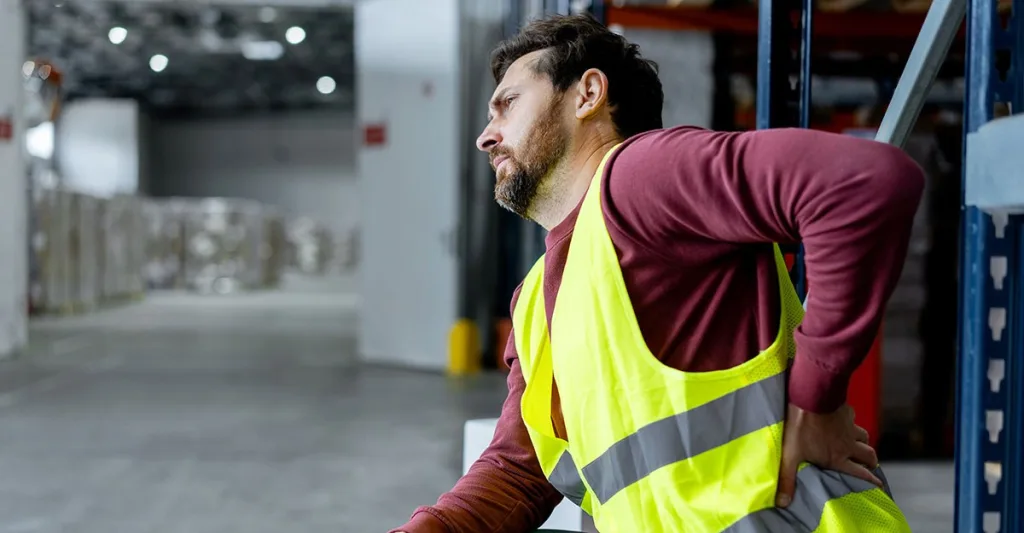 Injured employee holding his hand on his back