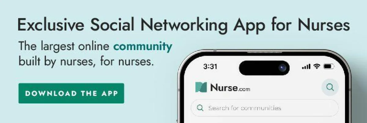 Image promoting the Nurse.com social networking app for nurses. Image features the app homepage displayed on a phone