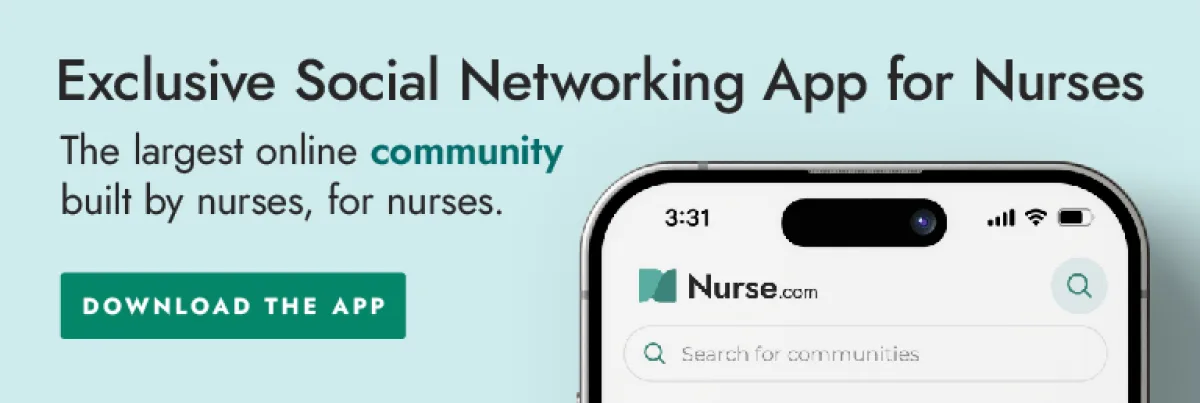 Nurse.com exclusive social networking app for nurses displayed on a phone screen