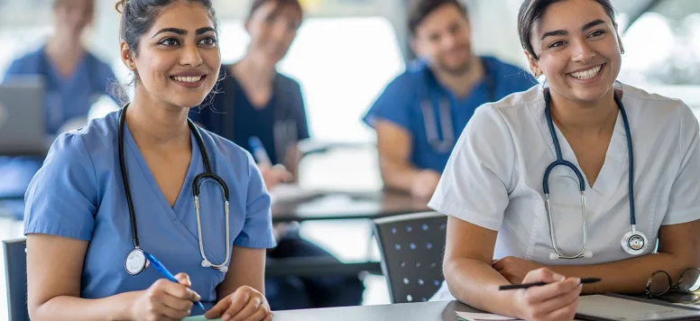 Several nursing students sit at desks in a classroom smiling at the instructor as they learn about nursing