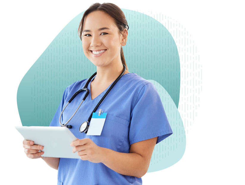Nurse smiling, holding tablet