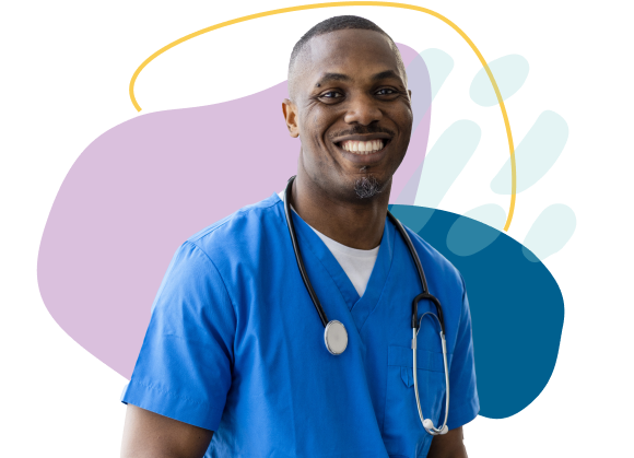Male nurse in blue scrubs smiling