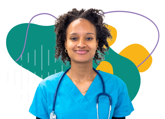 Female nurse in blue scrubs smiling