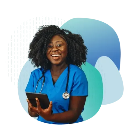 Nurse holding tablet smiling