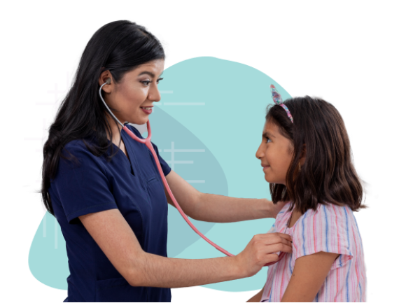 Nurse using a stethoscope to check child's heartbeat