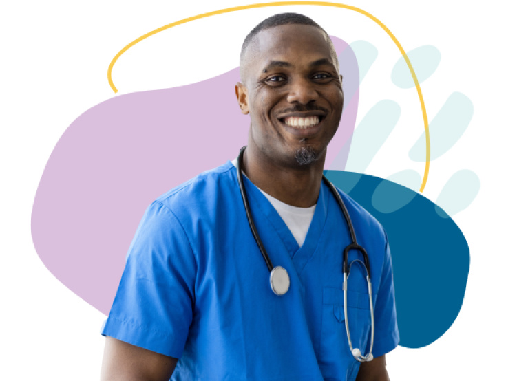 Male nurse in blue scrubs smiling