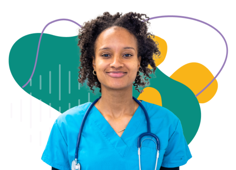 Female nurse in blue scrubs smiling