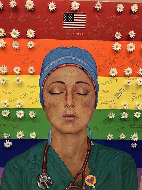 This painting of 2018 Boston Marathon's 2nd place (among women) finisher Sarah Sellers, RN, CRNA, was created by artist Joe Velasco. The painting was done to commemorate the June 12, 2016, Pulse nightclub shooting's victims. Sellers did her clinicals at an Orlando, Fla., hospital that cared for victims of the shooting.