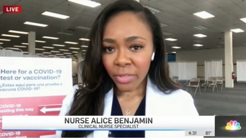 Alice Benjamin, MSN, discusses COVID-19 vaccinations during a live NBC newscast.