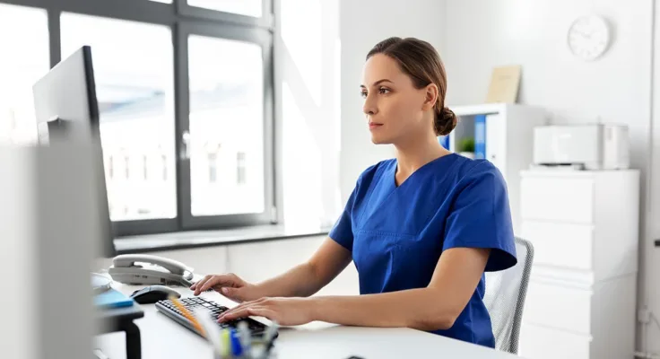 Female nurse on computer working in the nursing informatics field.