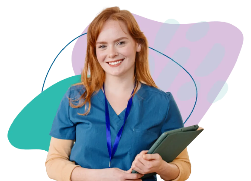 Nurse educator holding iPad preparing to teach nursing students.