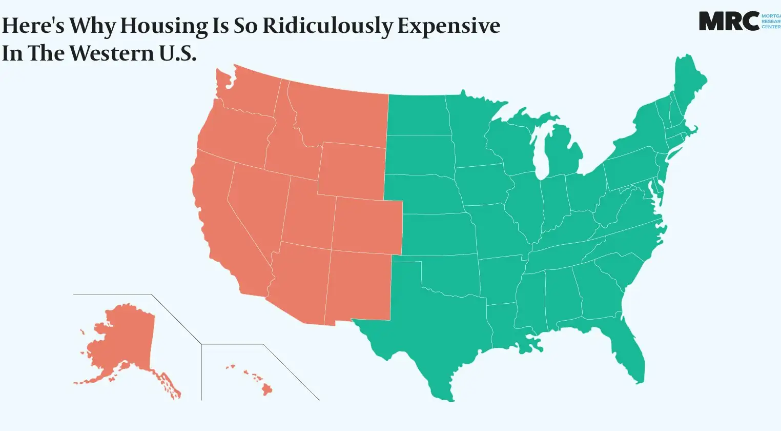 A U.S. map with the West in Red and East in green indicating higher home prices in the West.