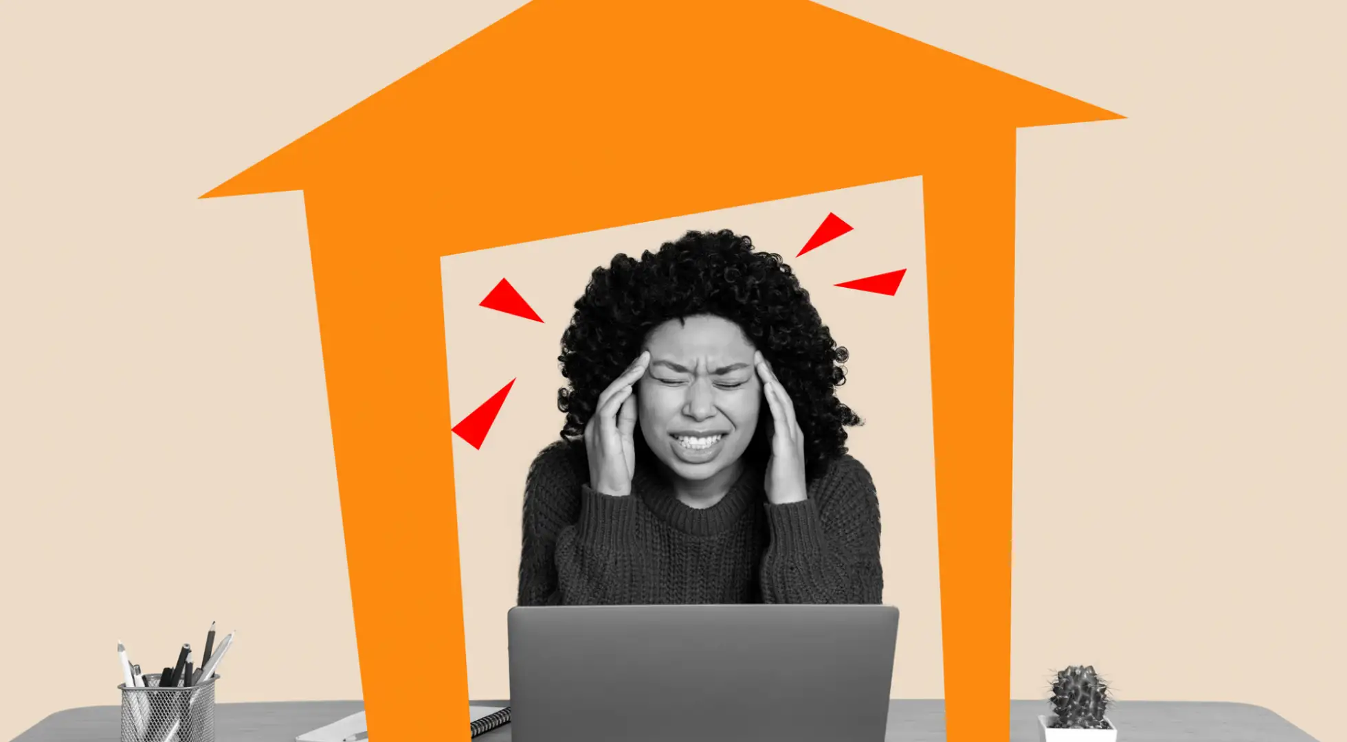 How To Time the End of Your Lease When Buying a House Woman at computer stressed with a house outline around her.