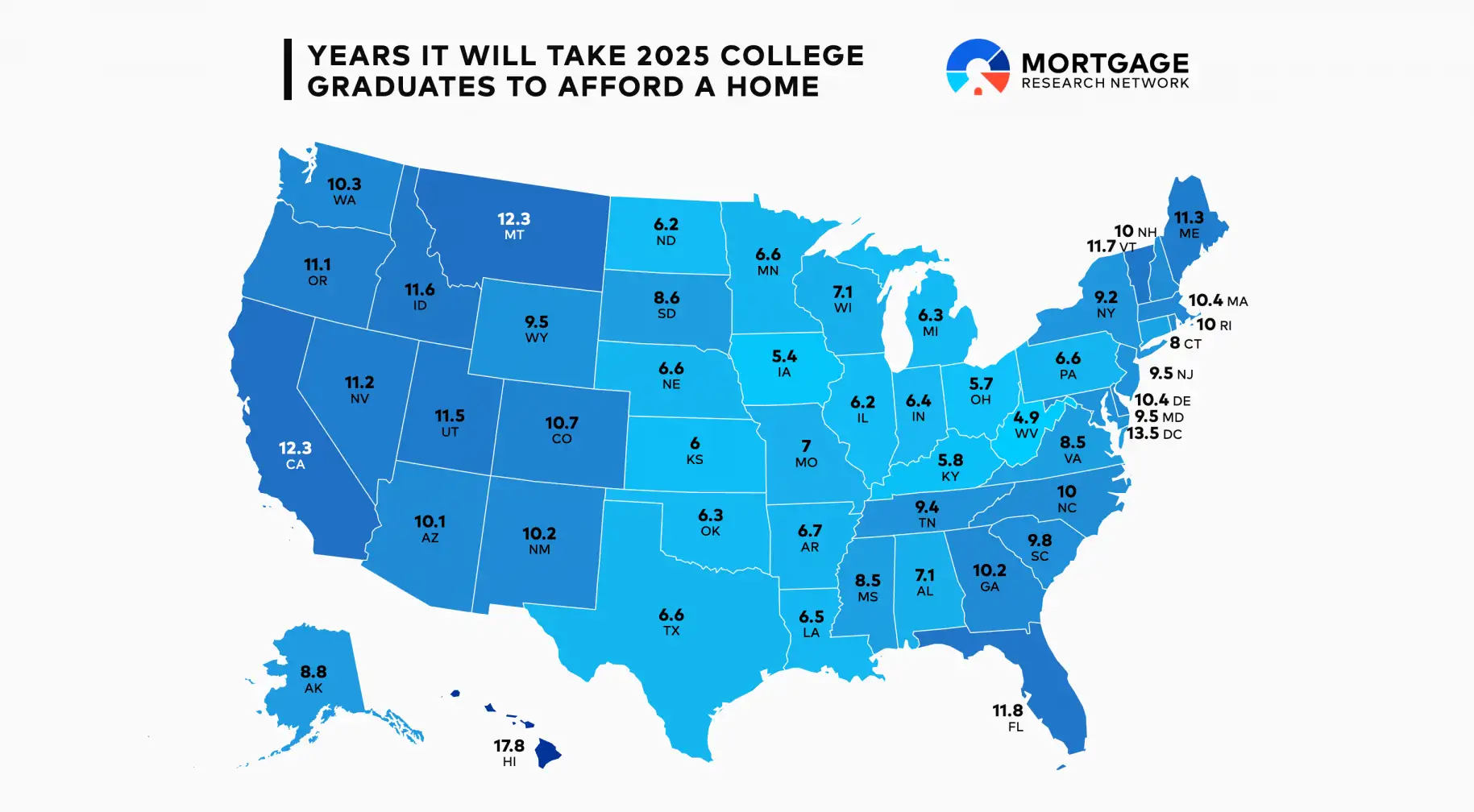 This Year’s College Grads Won’t Be Able to Buy a Home Until April 2034 Map showing how long it will take new college grads to buy a home in every U.S. state.