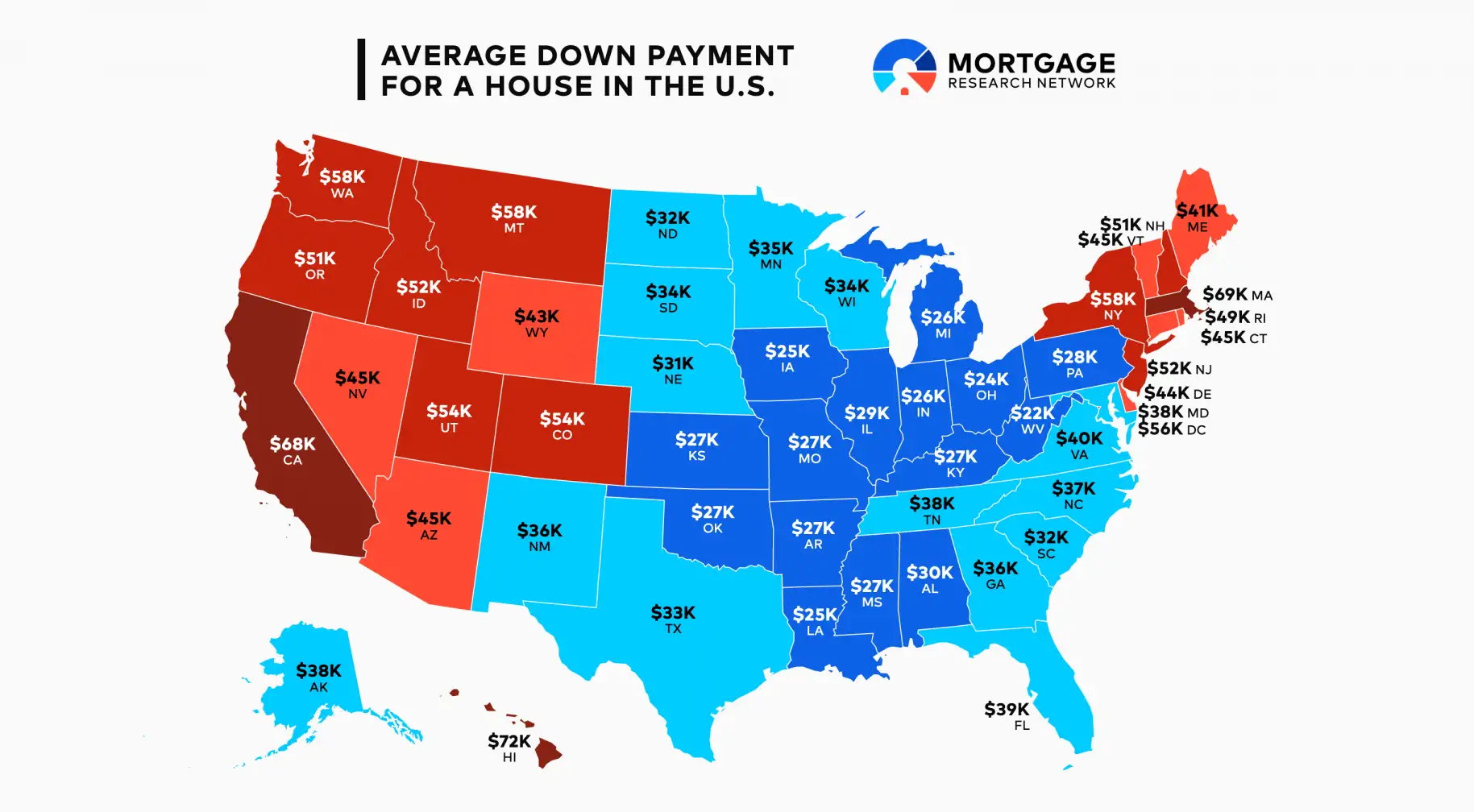 Map of the United States showing the average down payment by state