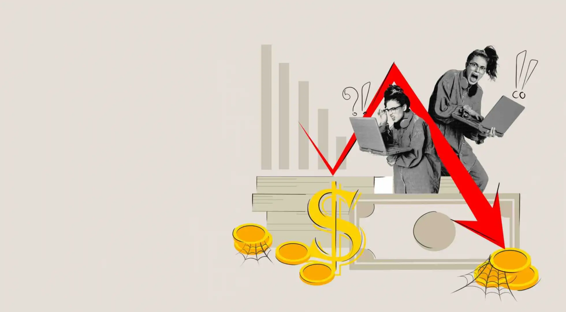 19 First-Time Homebuyer Mistakes to Avoid Frustrated first-time homebuyer frowning at computer next to illustrated stacks of money and a downward-trending line graph