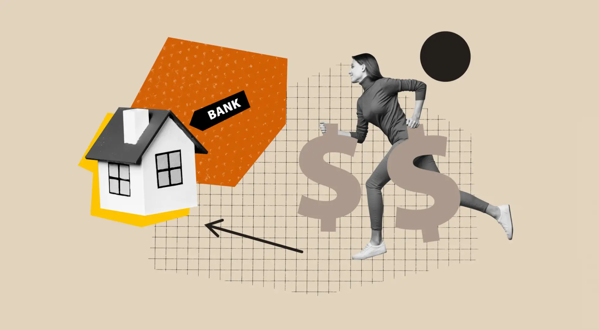 Average Homeowner Sits On $212,000 in Accessible Equity As HELOC Rates Plummet Woman running toward house icon with 'bank' over the house