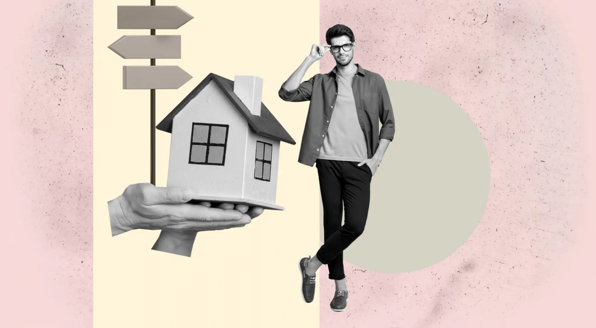 How Much House Can I Afford with a $70K Salary? Collage image of a man standing by a model miniature house