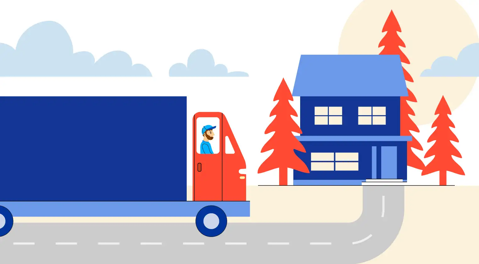 Hiring Movers Versus a DIY Move – Pros and Cons for New Homeowners Illustration of moving truck going toward home