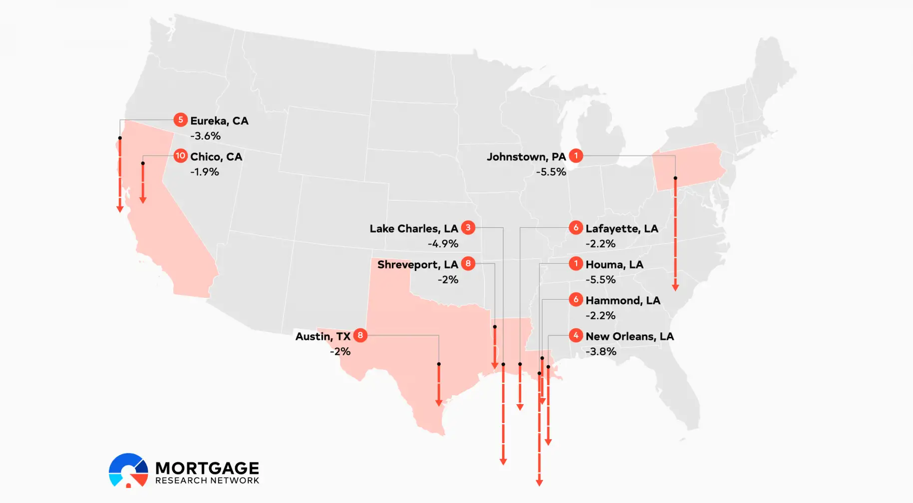 map highlighting the cities with the largest expected price declines in 2026