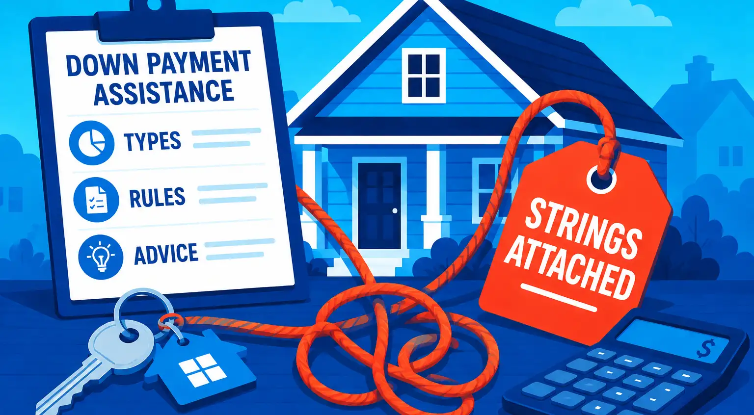graphic showing a home and a clipboard labeled down payment assistance with strings attached