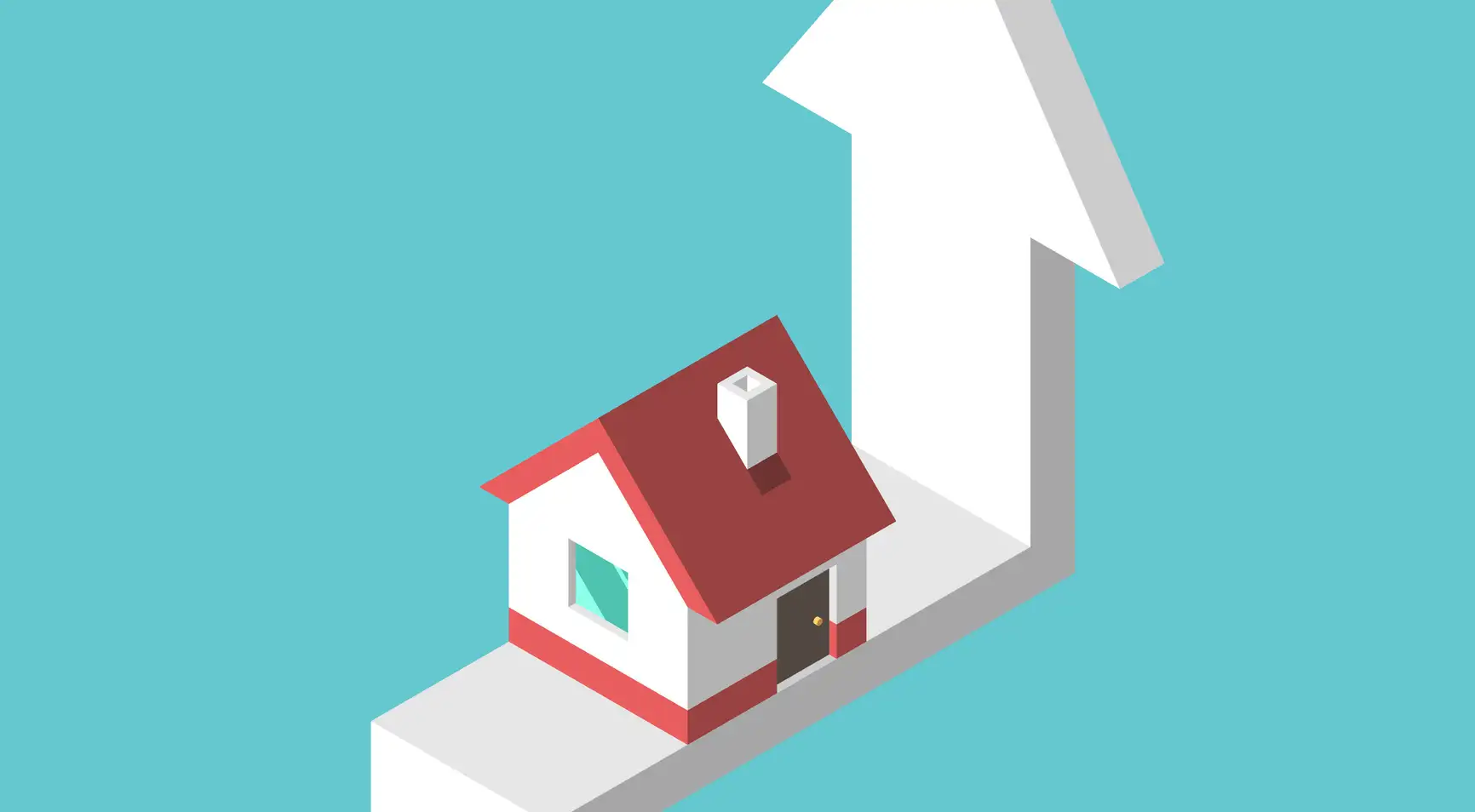 Isometric house on arrow on turquoise blue background.