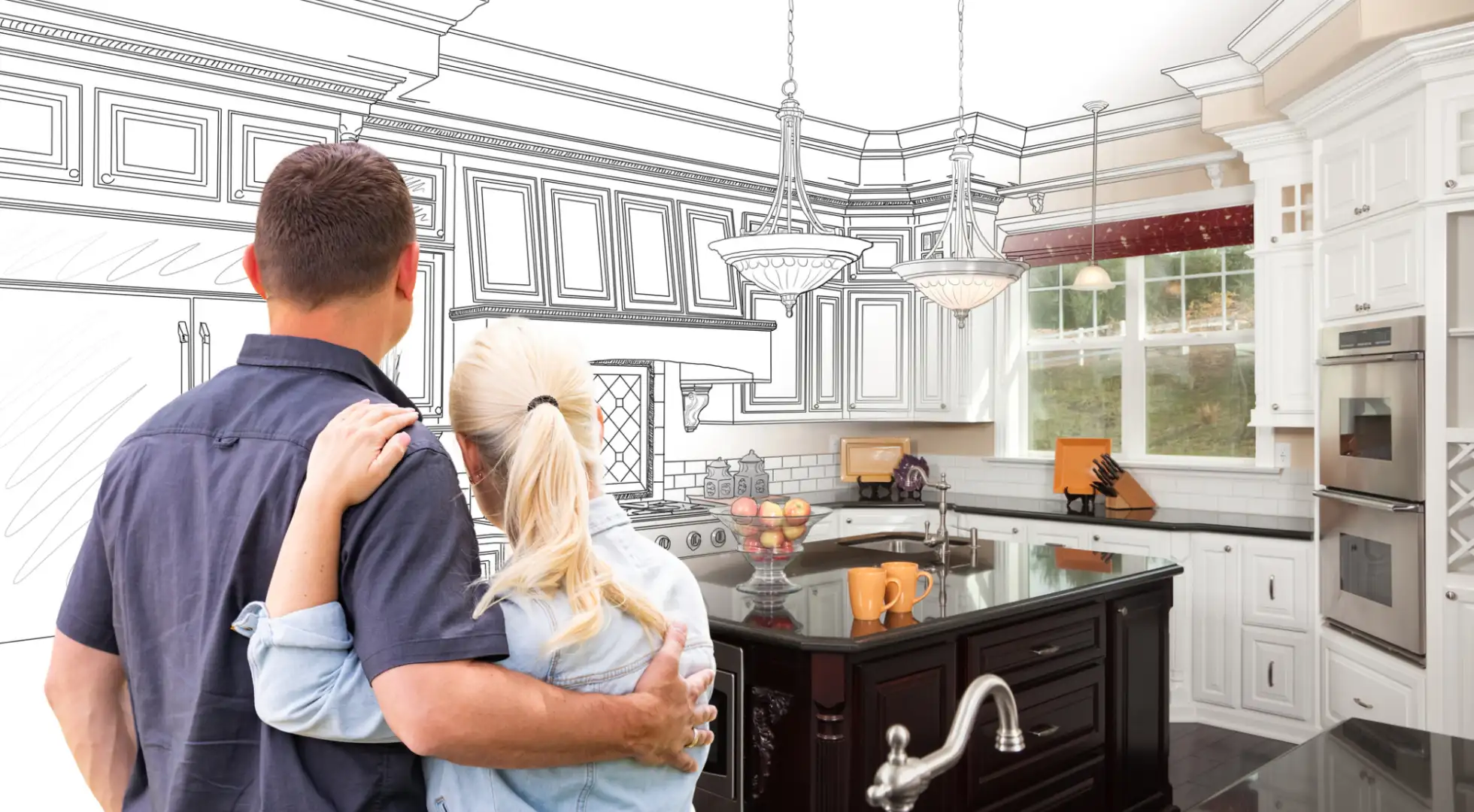 couple looking at renovated kitchen