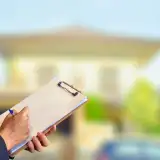 Closeup of home inspector's clipboard with a home in the background.