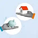 Hand holding a piggybank next to a hand holding a house, representing conventional mortgage loans