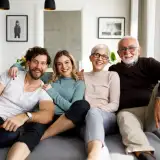 Parents with adult children in a living room