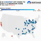 Map of the 50 cheapest ZIP codes to buy a 3 bed home.
