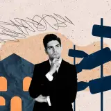 A man thinking in front of a house icon design
