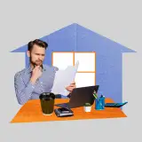 Man looking at paperwork in front of house icon.