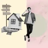How Much House Can I Afford with a $70K Salary? Collage image of a man standing by a model miniature house