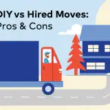 Hiring Movers Versus a DIY Move – Pros and Cons for New Homeowners Illustration of moving truck going toward home