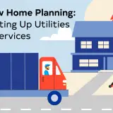 Graphic of garbage truck passing a house with a man mowing the lawn.