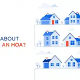 text of thinking about buying in an hoa? next to illustrations of homes in a neighborhood