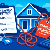 graphic showing a home and a clipboard labeled down payment assistance with strings attached
