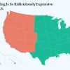 A U.S. map with the West in Red and East in green indicating higher home prices in the West.