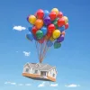 House suspended in the air by a large group of balloons