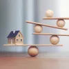 Illustration of a home on a balance beam with icons like interest rate, debt-to-income ratio, etc.