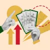 Hand offering money with arrows pointing up