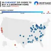Map of the 50 cheapest ZIP codes to buy a 3 bed home.