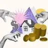 Illustration with hands straining near a house and a pile of money