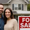 First-time homebuyers smiling next to a 'for sale' sign in front of a house