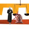 Judge with gavel in front of scale